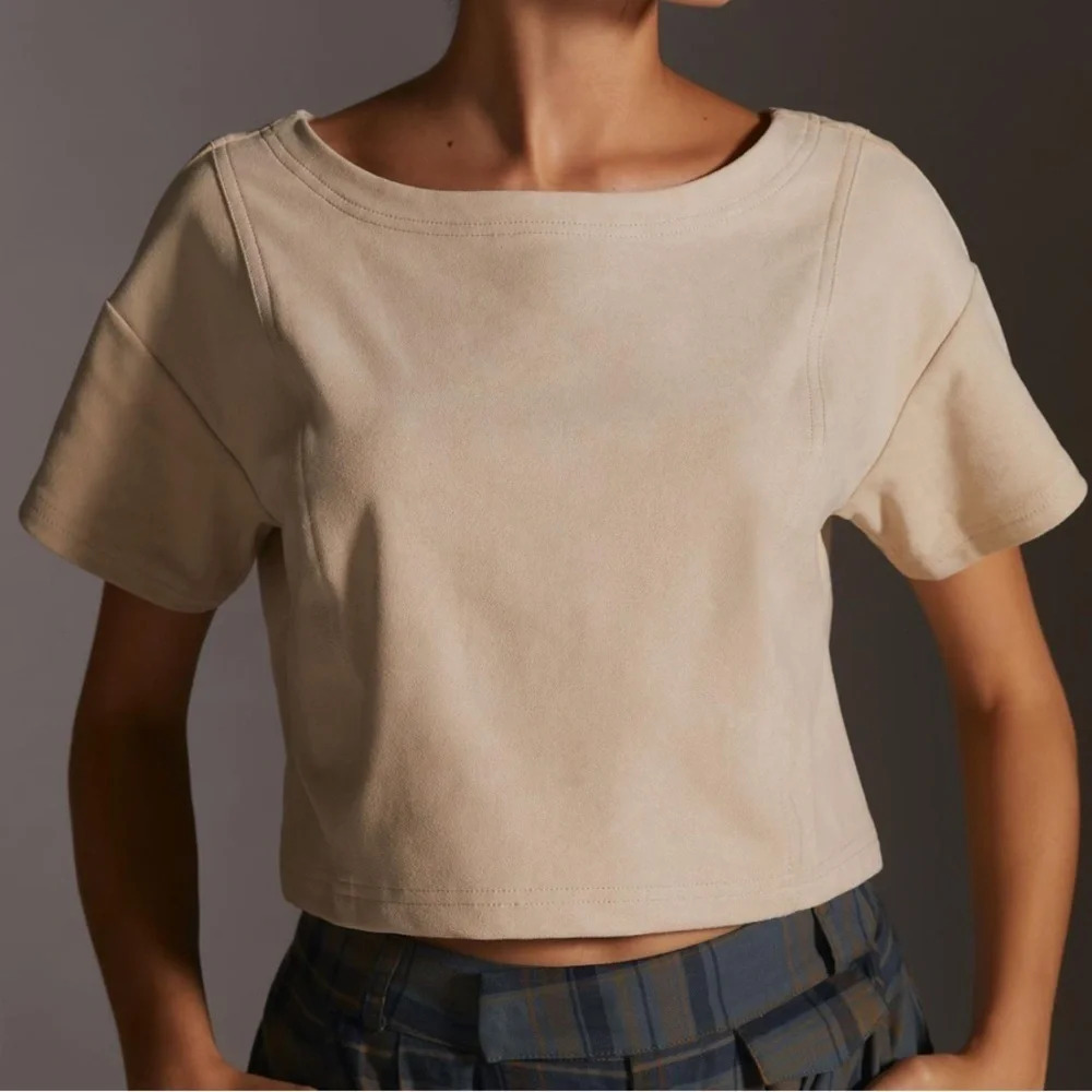 Pilcro Faux Suede Short Sleeve Cropped Tee in Pearl - Size S/M